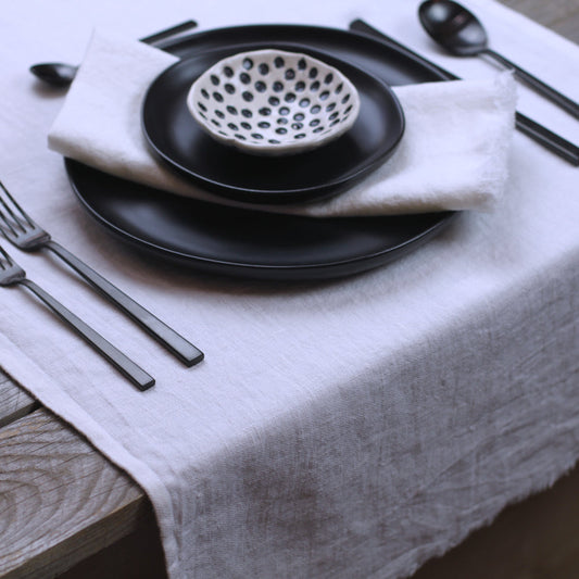 Linen Table Runner - Stonewashed - White with Frayed Edges - Luxury Thick Linen