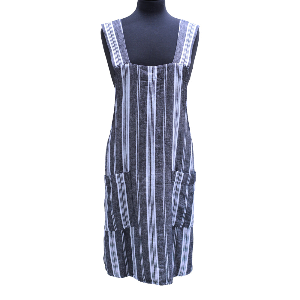 Linen Apron - A-Line - Cross Back - Two Pockets - Black with White Stripes - Japanese-style - Stonewashed - Thick Linen