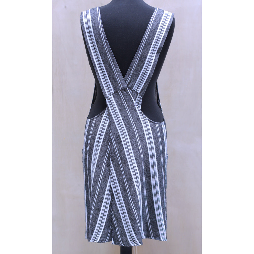 Linen Apron - A-Line - Cross Back - Two Pockets - Black with White Stripes - Japanese-style - Stonewashed - Thick Linen