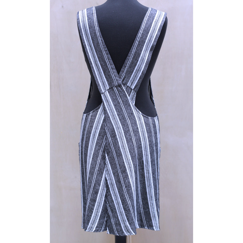 Linen Apron  - A-Line - Cross Back - Two Pockets - Black with White Stripes - Japanese-style - Stonewashed - Thick Linen