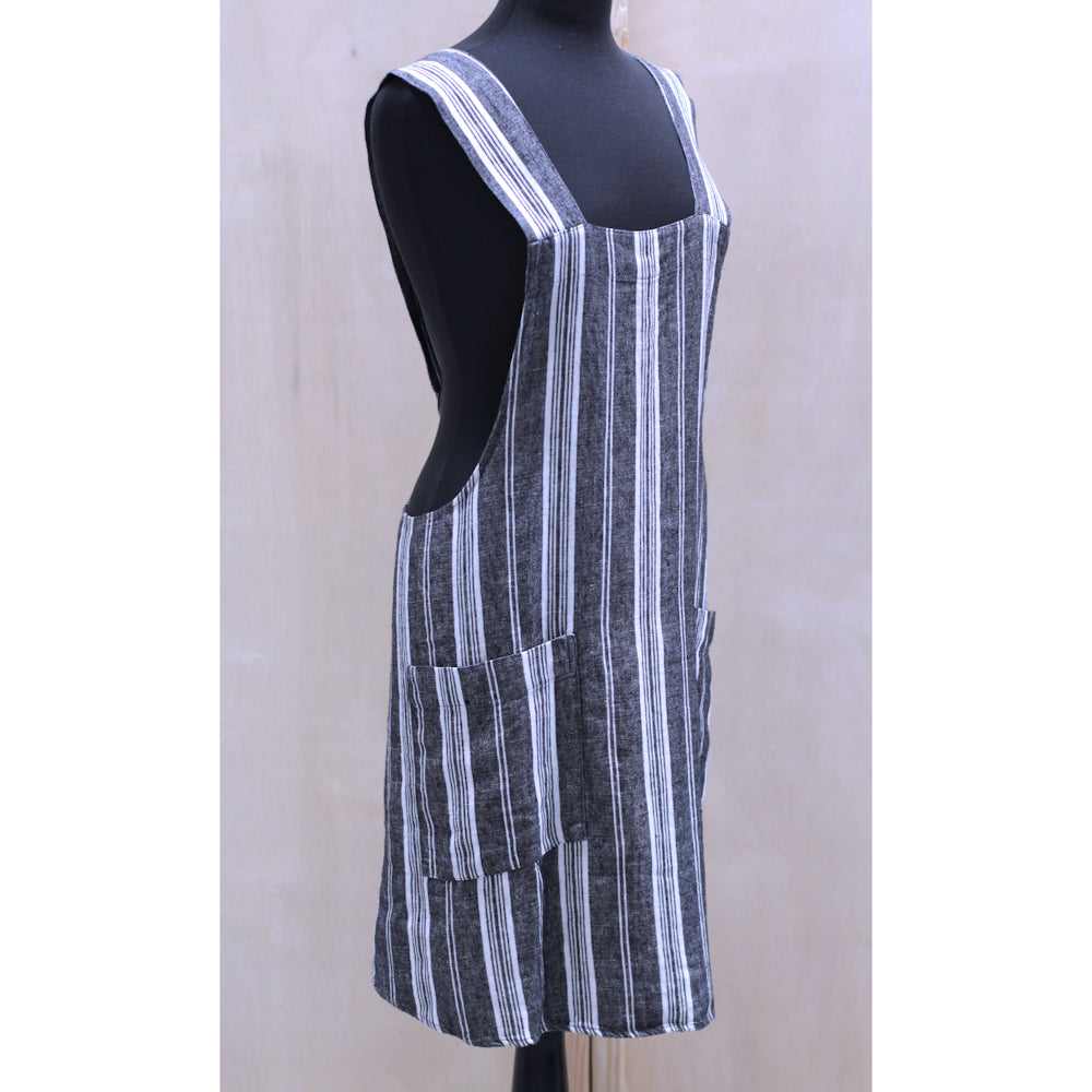 Linen Apron - A-Line - Cross Back - Two Pockets - Black with White Stripes - Japanese-style - Stonewashed - Thick Linen