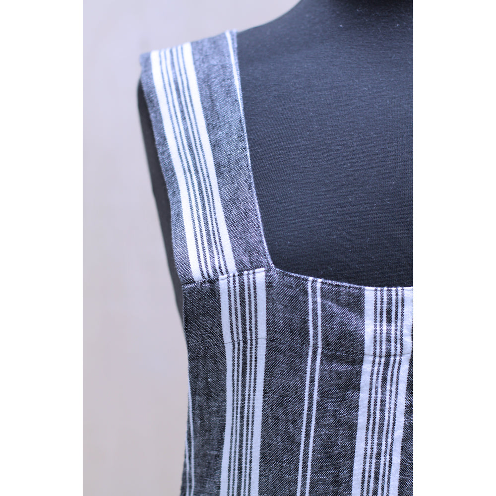 Linen Apron - A-Line - Cross Back - Two Pockets - Black with White Stripes - Japanese-style - Stonewashed - Thick Linen