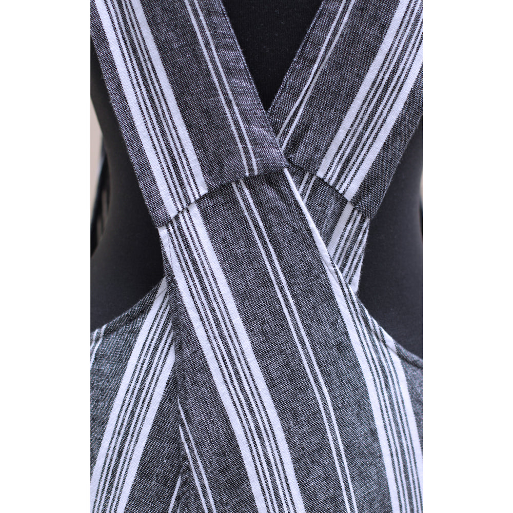 Linen Apron - A-Line - Cross Back - Two Pockets - Black with White Stripes - Japanese-style - Stonewashed - Thick Linen