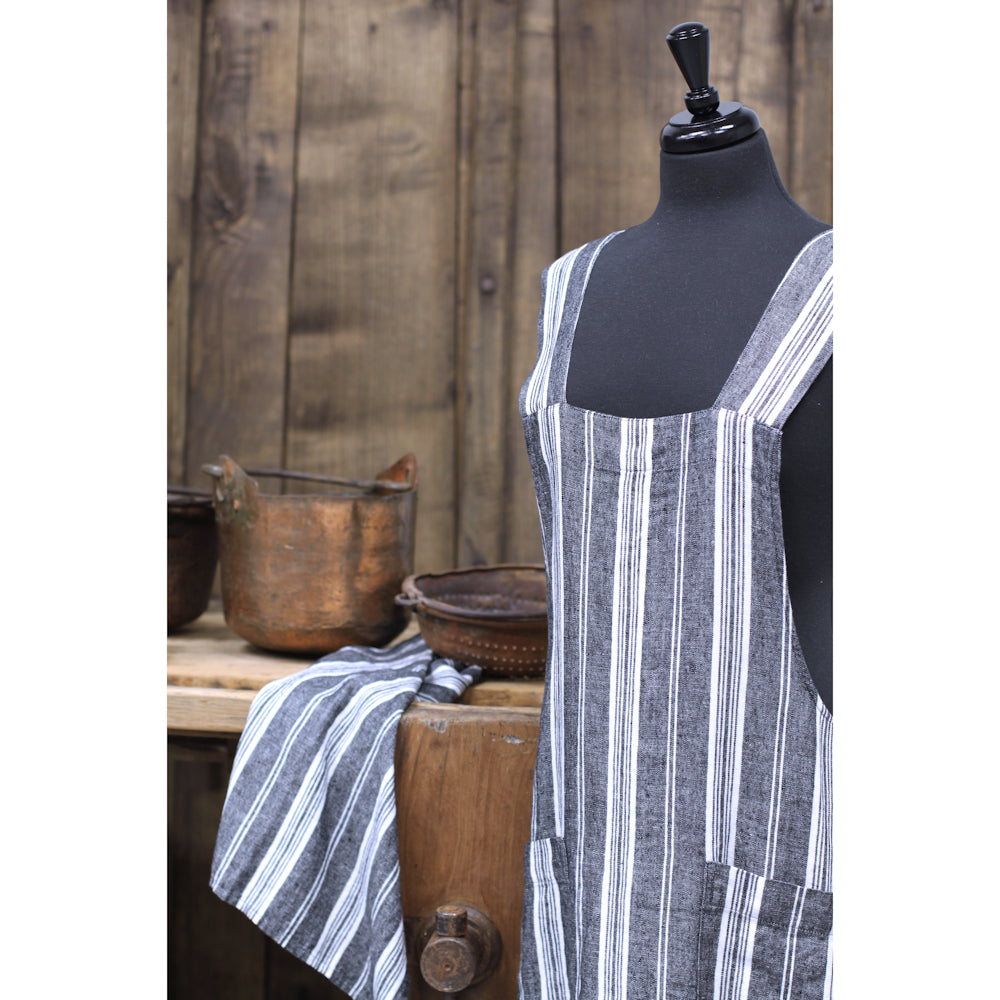 Linen Apron - A-Line - Cross Back - Two Pockets - Black with White Stripes - Japanese-style - Stonewashed - Thick Linen