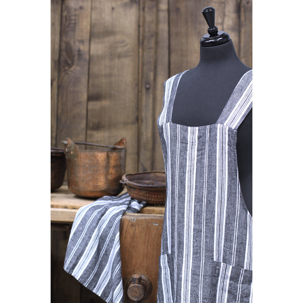 Linen Apron  - A-Line - Cross Back - Two Pockets - Black with White Stripes - Japanese-style - Stonewashed - Thick Linen