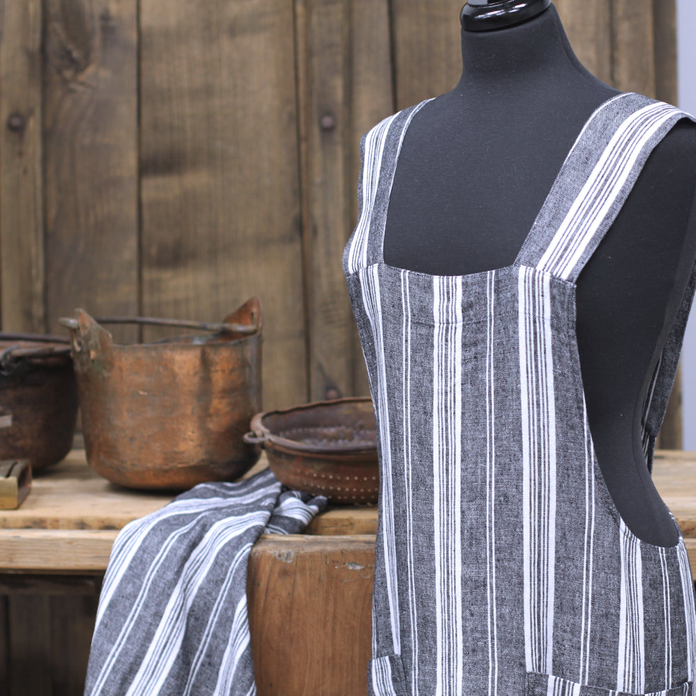 Linen Apron - A-Line - Cross Back - Two Pockets - Black with White Stripes - Japanese-style - Stonewashed - Thick Linen