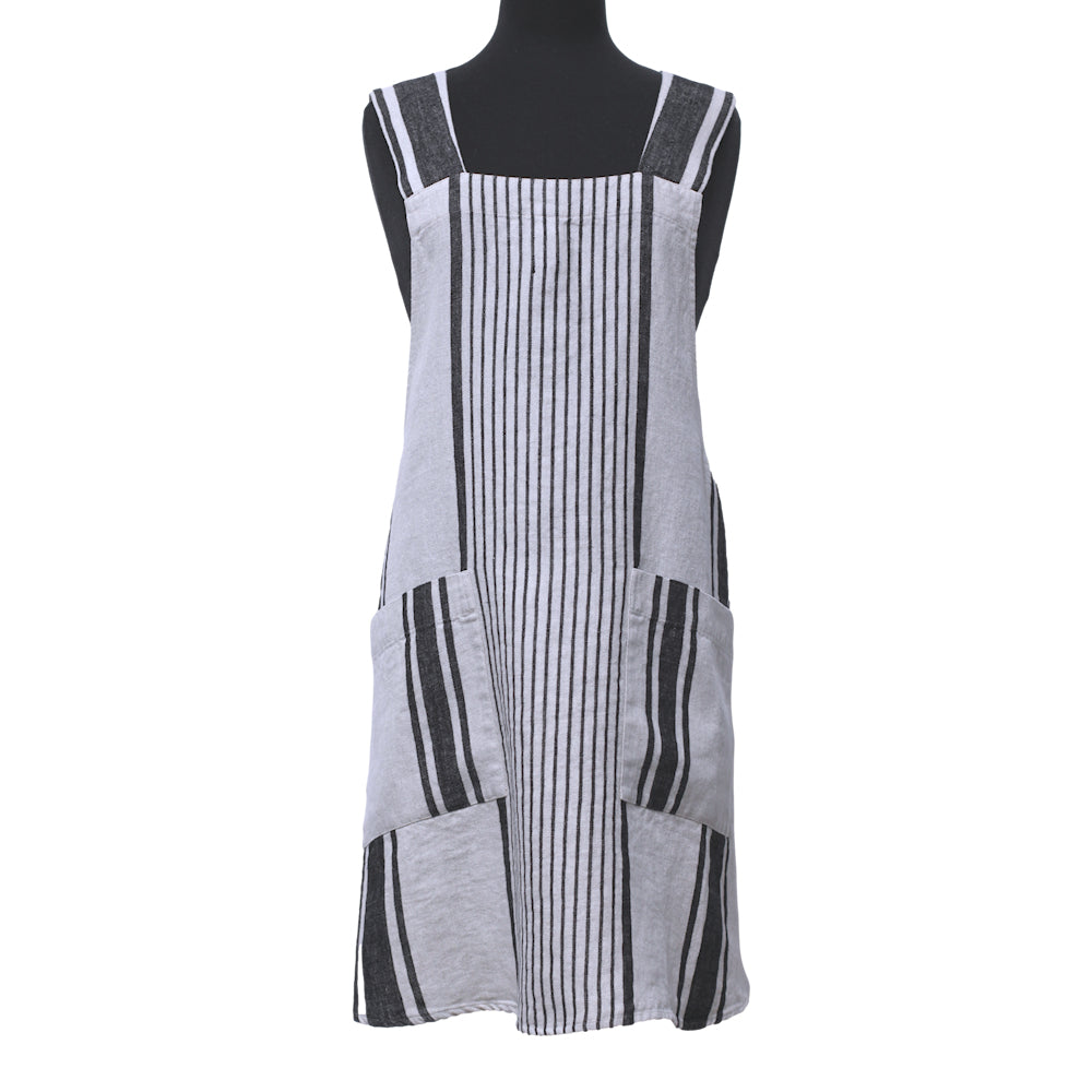 Linen Apron - A-Line - Cross Back - Two Pockets - Light Natural with Black Stripes - Japanese-style - Stonewashed - Thick Linen