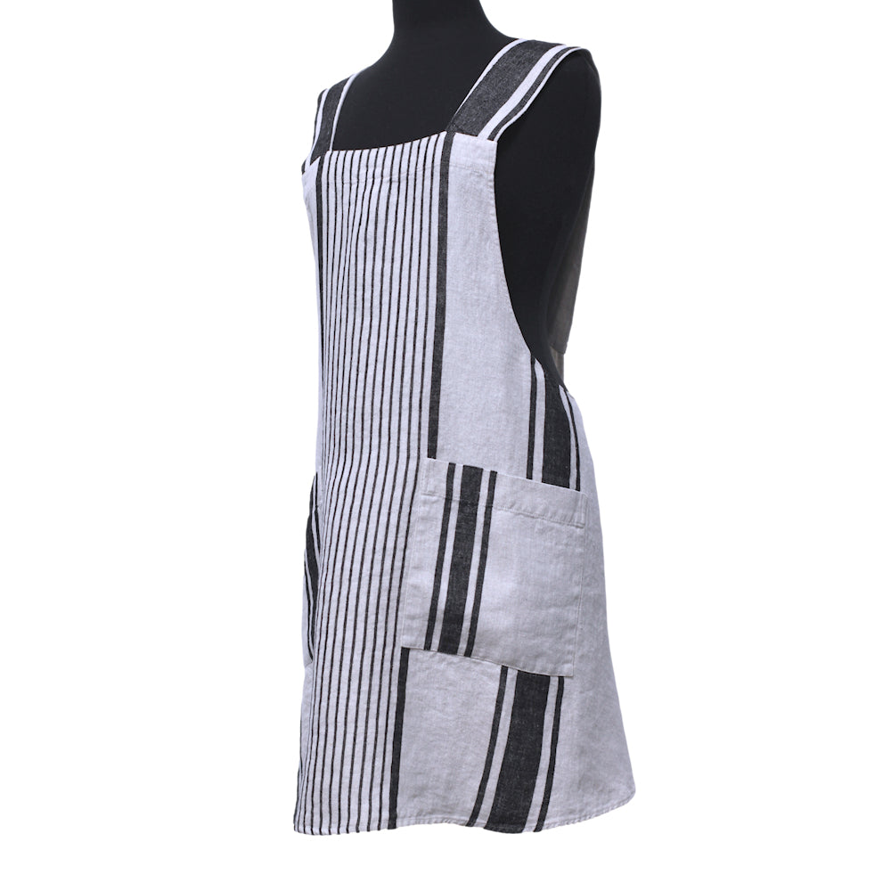 Linen Apron - A-Line - Cross Back - Two Pockets - Light Natural with Black Stripes - Japanese-style - Stonewashed - Thick Linen