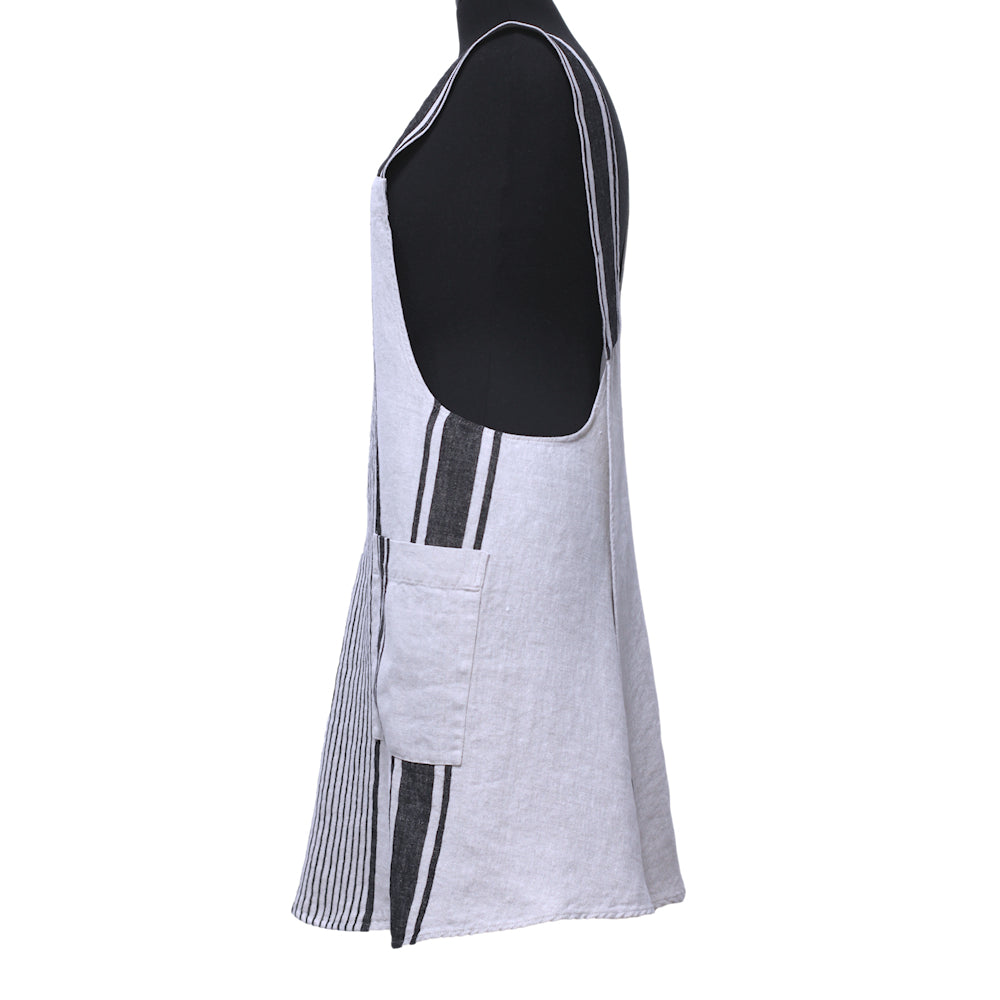 Linen Apron - A-Line - Cross Back - Two Pockets - Light Natural with Black Stripes - Japanese-style - Stonewashed - Thick Linen