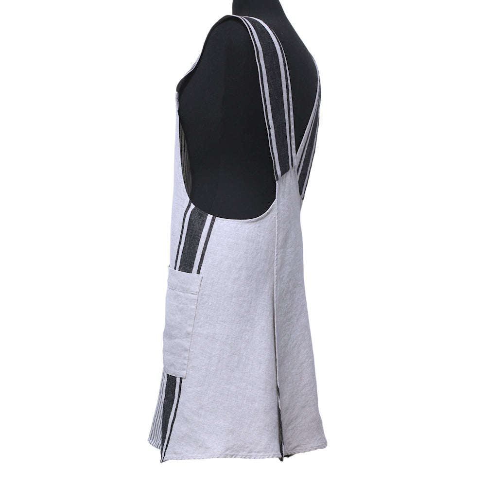 Linen Apron - A-Line - Cross Back - Two Pockets - Light Natural with Black Stripes - Japanese-style - Stonewashed - Thick Linen