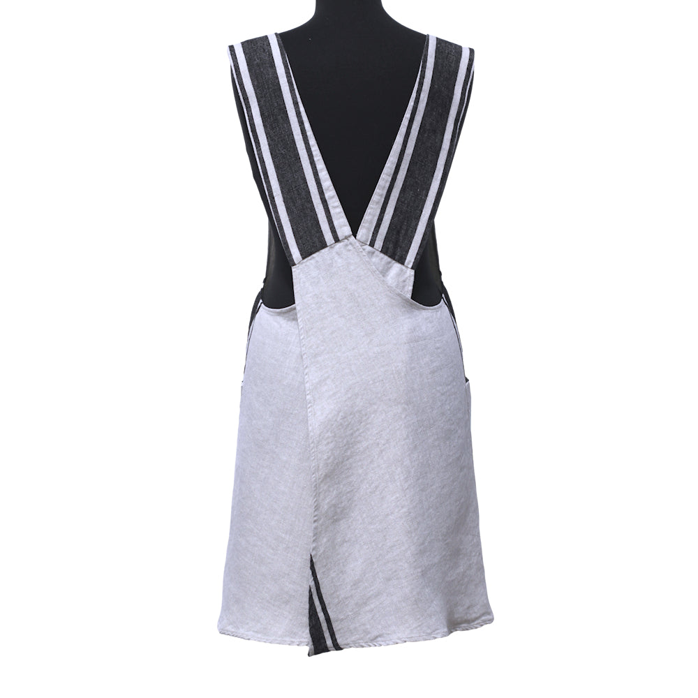 Linen Apron - A-Line - Cross Back - Two Pockets - Light Natural with Black Stripes - Japanese-style - Stonewashed - Thick Linen