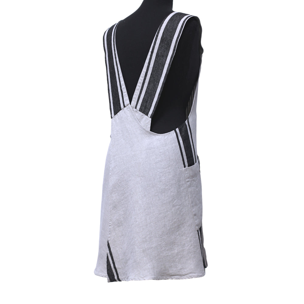 Linen Apron - A-Line - Cross Back - Two Pockets - Light Natural with Black Stripes - Japanese-style - Stonewashed - Thick Linen