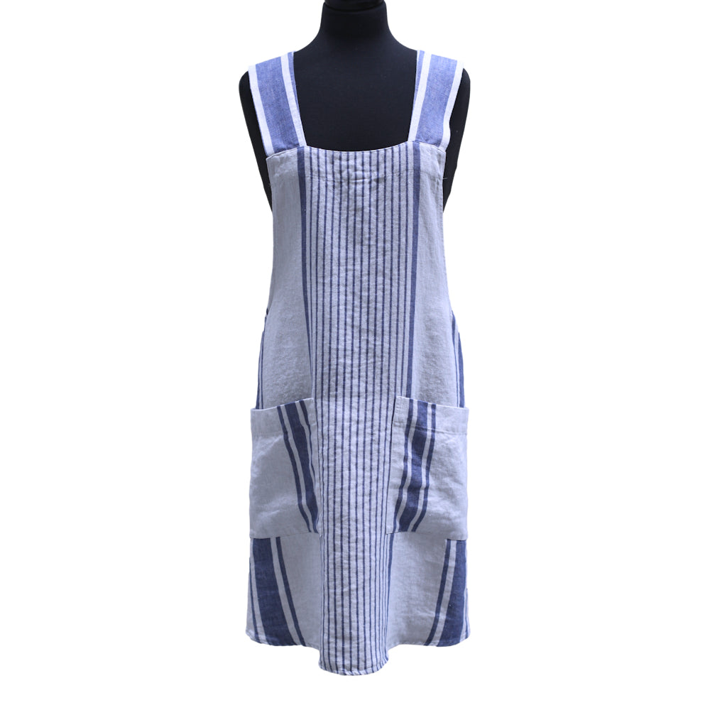 Linen Apron - A-Line - Cross Back - Two Pockets - Light Natural with Blue Stripes - Japanese-style - Stonewashed - Thick Linen