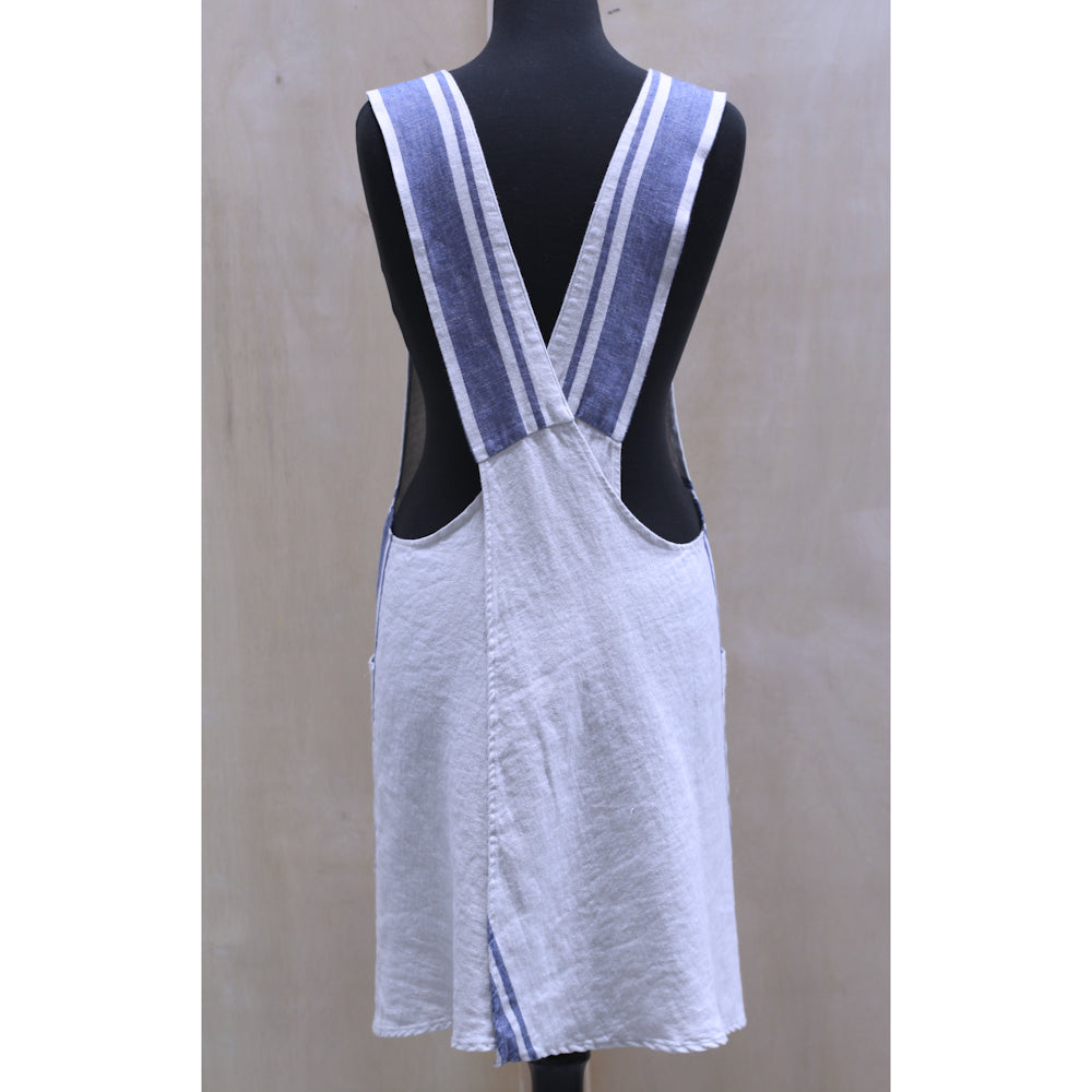 Linen Apron - A-Line - Cross Back - Two Pockets - Light Natural with Blue Stripes - Japanese-style - Stonewashed - Thick Linen