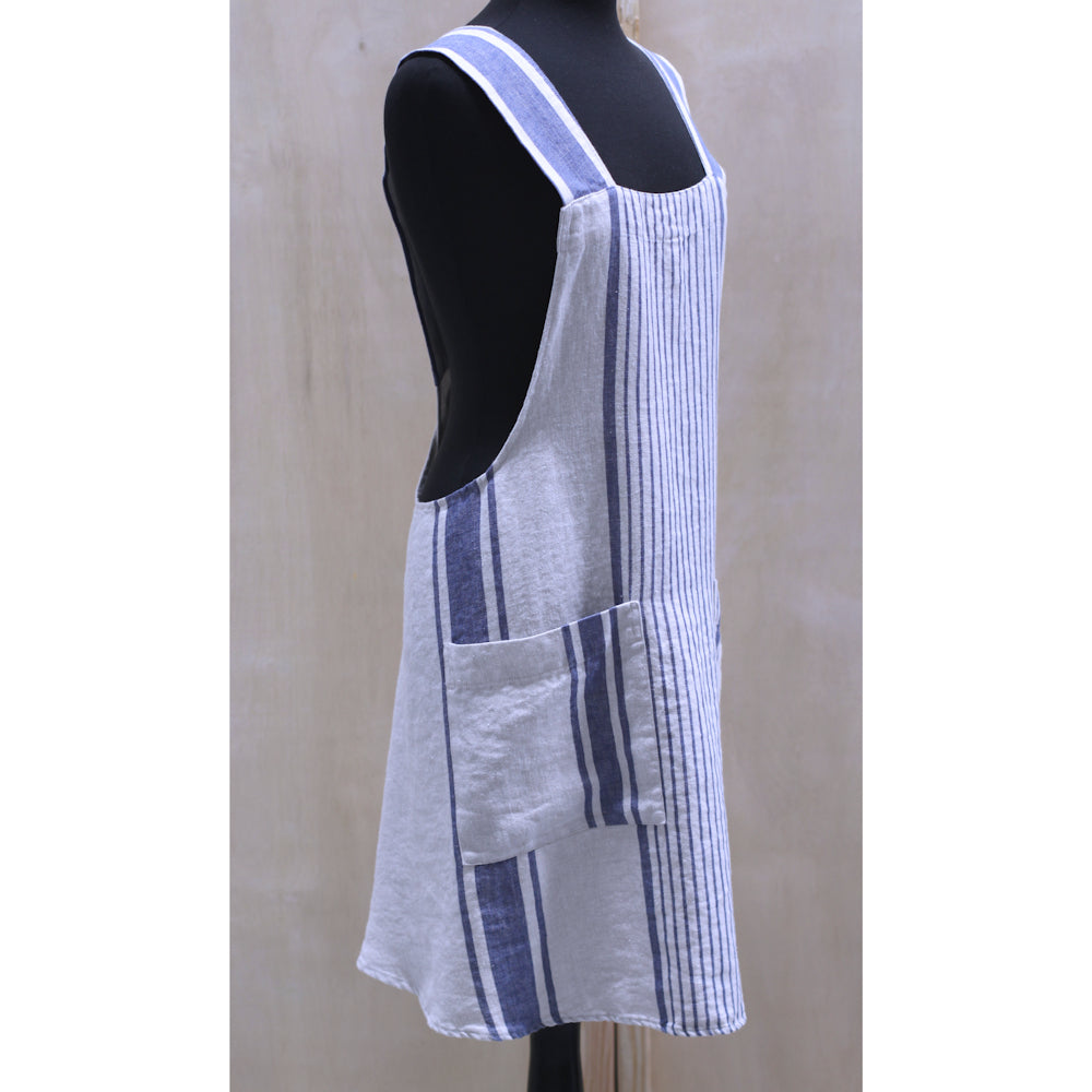 Linen Apron - A-Line - Cross Back - Two Pockets - Light Natural with Blue Stripes - Japanese-style - Stonewashed - Thick Linen