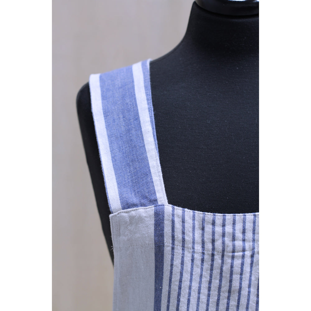 Linen Apron - A-Line - Cross Back - Two Pockets - Light Natural with Blue Stripes - Japanese-style - Stonewashed - Thick Linen