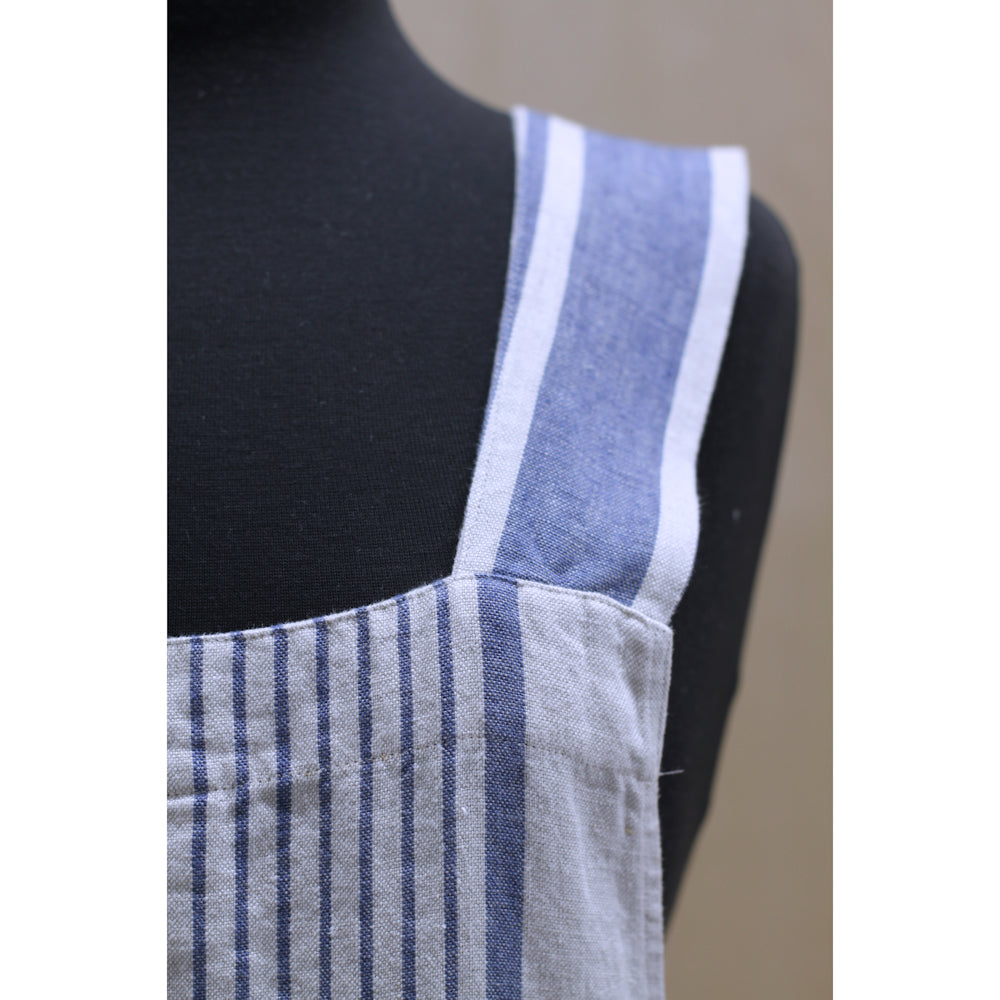 Linen Apron - A-Line - Cross Back - Two Pockets - Light Natural with Blue Stripes - Japanese-style - Stonewashed - Thick Linen