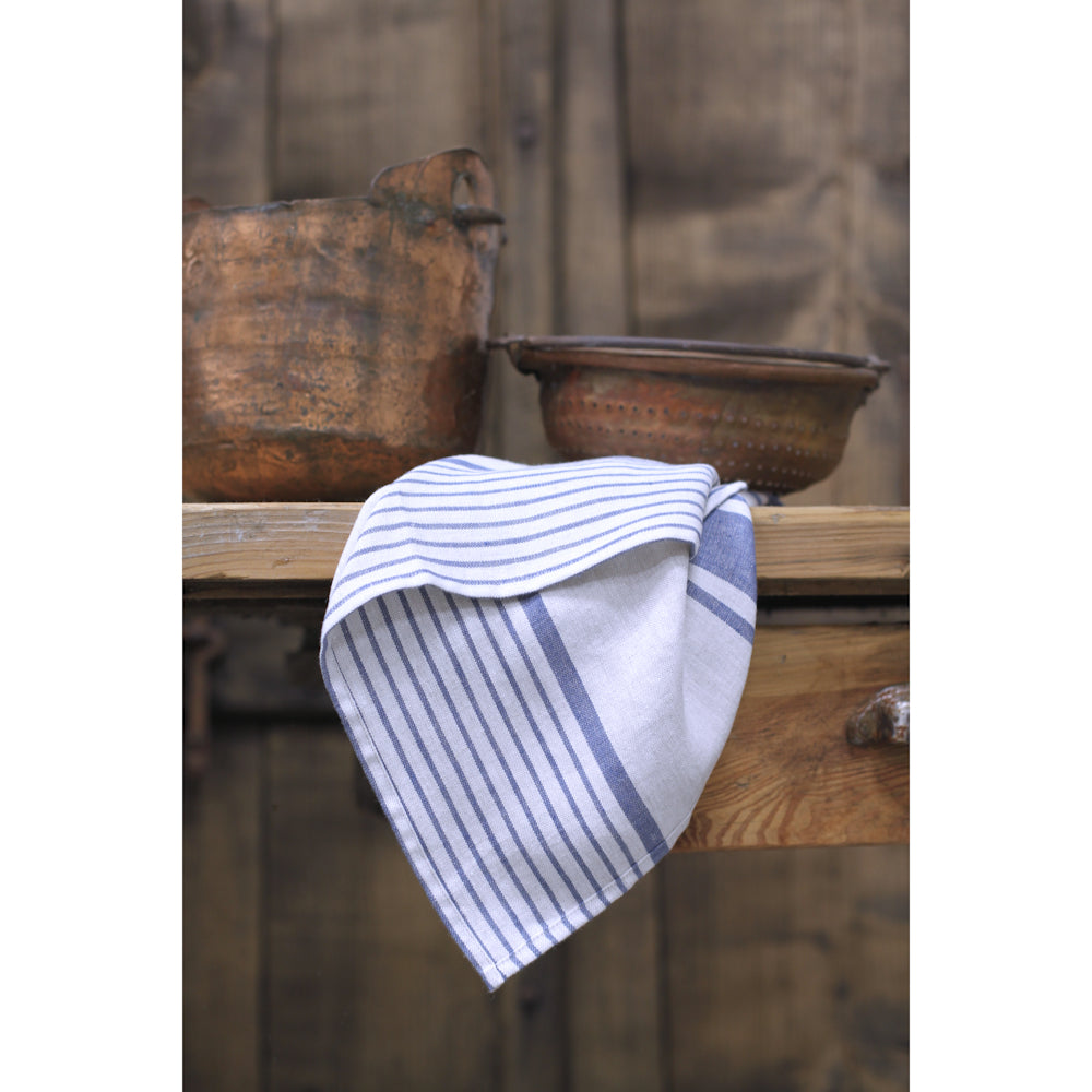 Linen Apron - A-Line - Cross Back - Two Pockets - Light Natural with Blue Stripes - Japanese-style - Stonewashed - Thick Linen