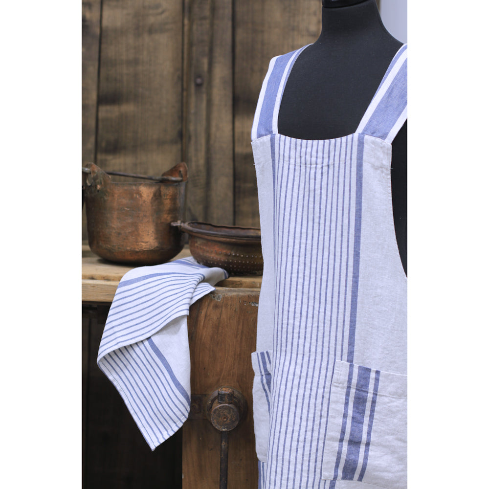 Linen Apron - A-Line - Cross Back - Two Pockets - Light Natural with Blue Stripes - Japanese-style - Stonewashed - Thick Linen
