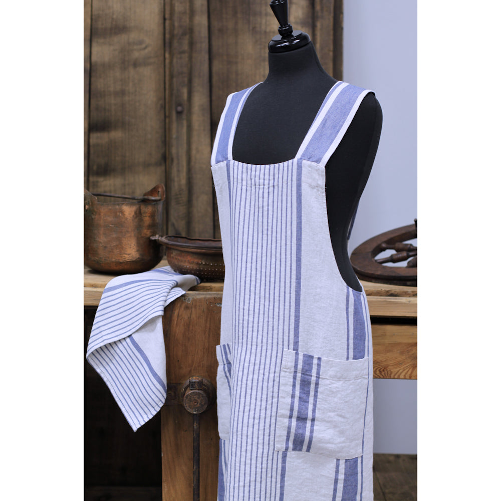 Linen Apron - A-Line - Cross Back - Two Pockets - Light Natural with Blue Stripes - Japanese-style - Stonewashed - Thick Linen