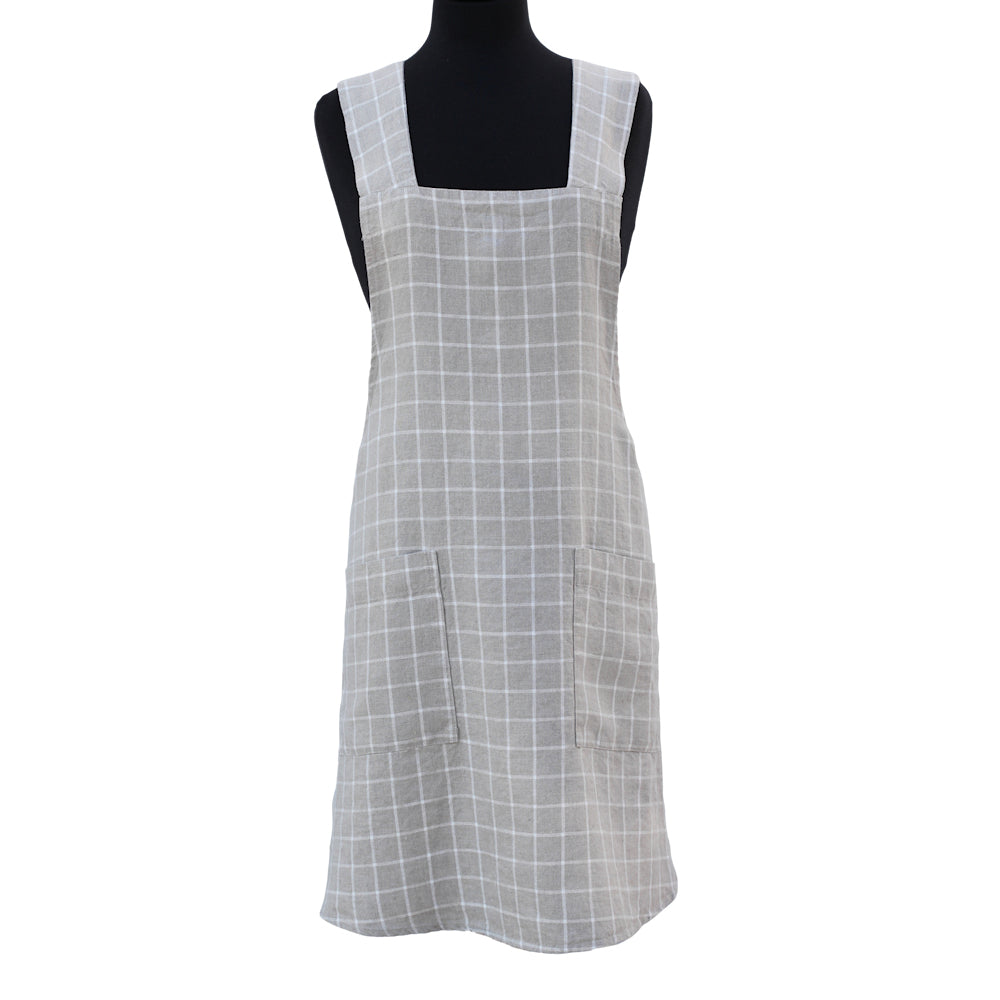 Linen Apron - A-Line - Cross Back - Two Pockets - Natural with White Squares - Japanese-style - Stonewashed - Thick Linen