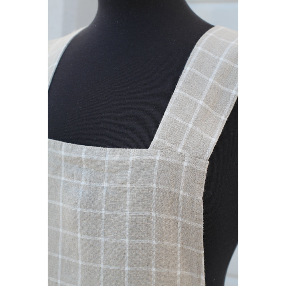 Linen Apron - A-Line - Cross Back - Two Pockets - Natural with White Squares - Japanese-style - Stonewashed - Thick Linen