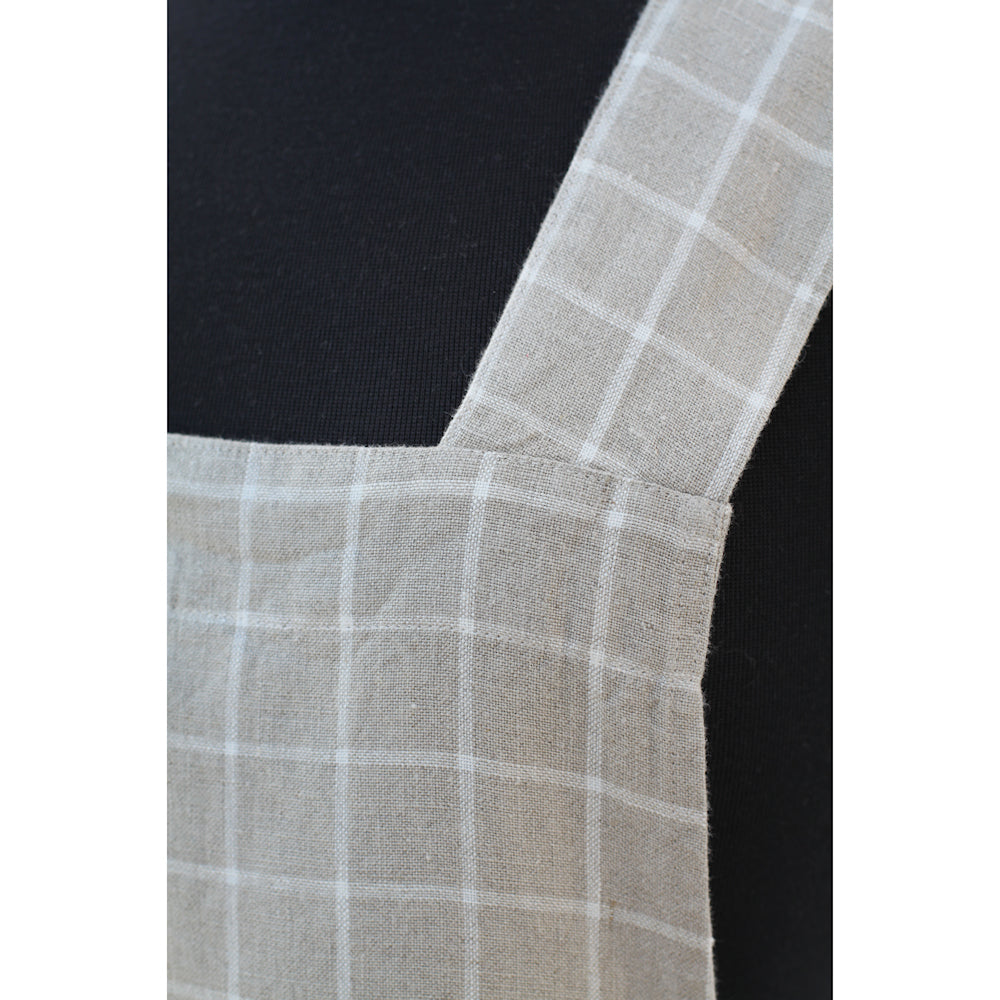 Linen Apron - A-Line - Cross Back - Two Pockets - Natural with White Squares - Japanese-style - Stonewashed - Thick Linen