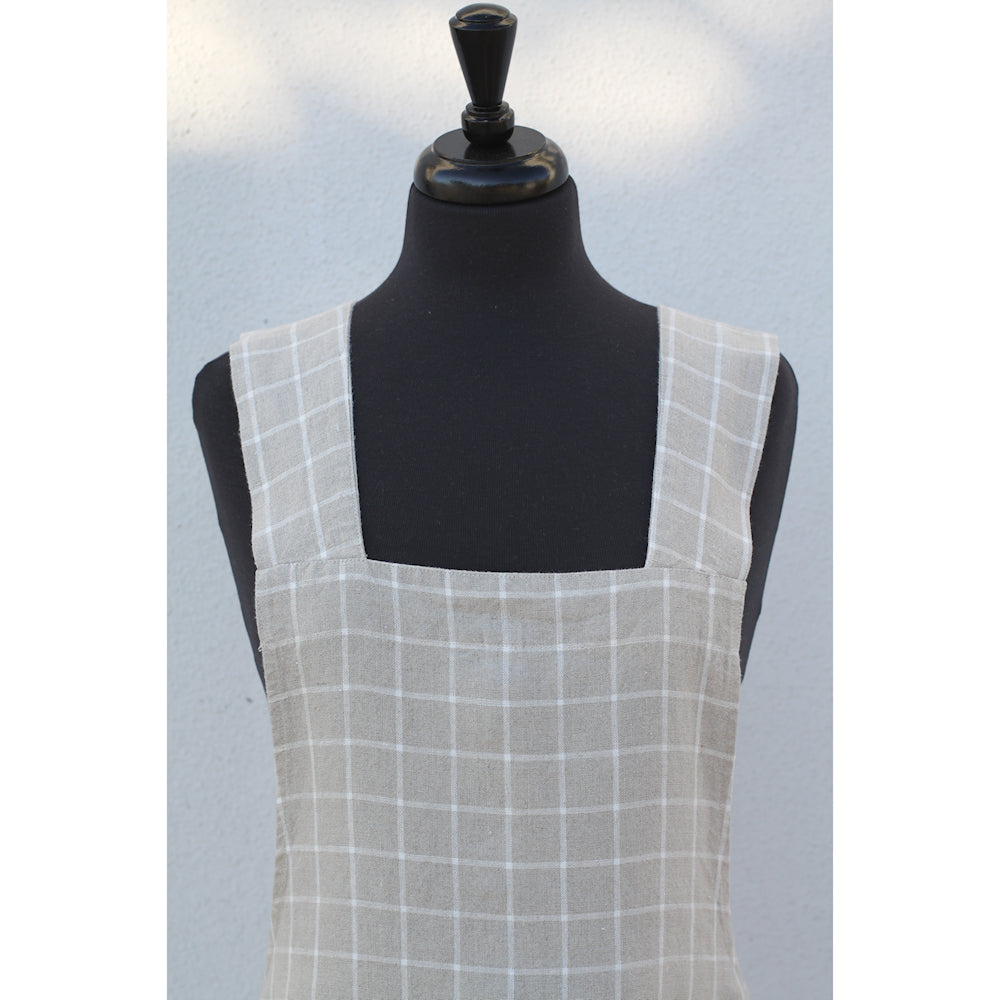 Linen Apron - A-Line - Cross Back - Two Pockets - Natural with White Squares - Japanese-style - Stonewashed - Thick Linen