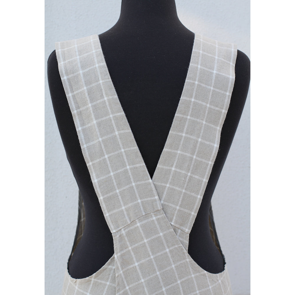 Linen Apron - A-Line - Cross Back - Two Pockets - Natural with White Squares - Japanese-style - Stonewashed - Thick Linen