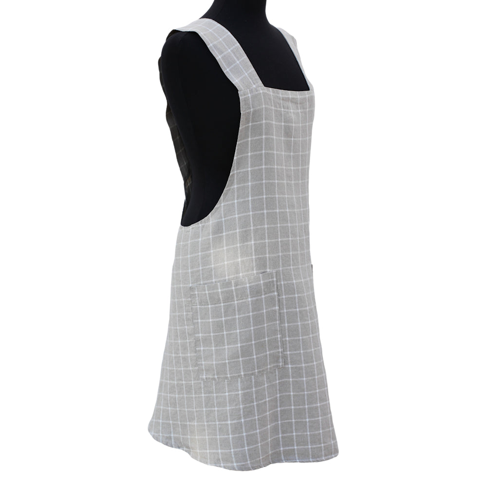 Linen Apron - A-Line - Cross Back - Two Pockets - Natural with White Squares - Japanese-style - Stonewashed - Thick Linen