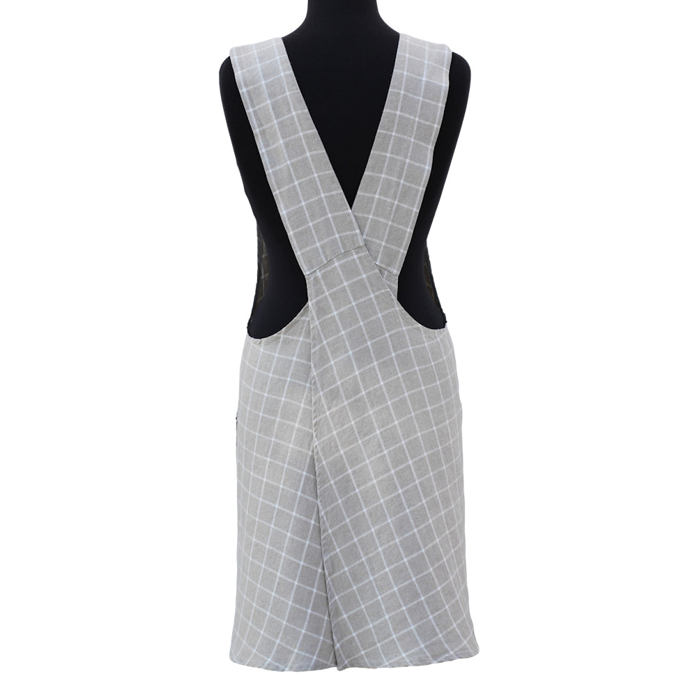 Linen Apron - A-Line - Cross Back - Two Pockets - Natural with White Squares - Japanese-style - Stonewashed - Thick Linen