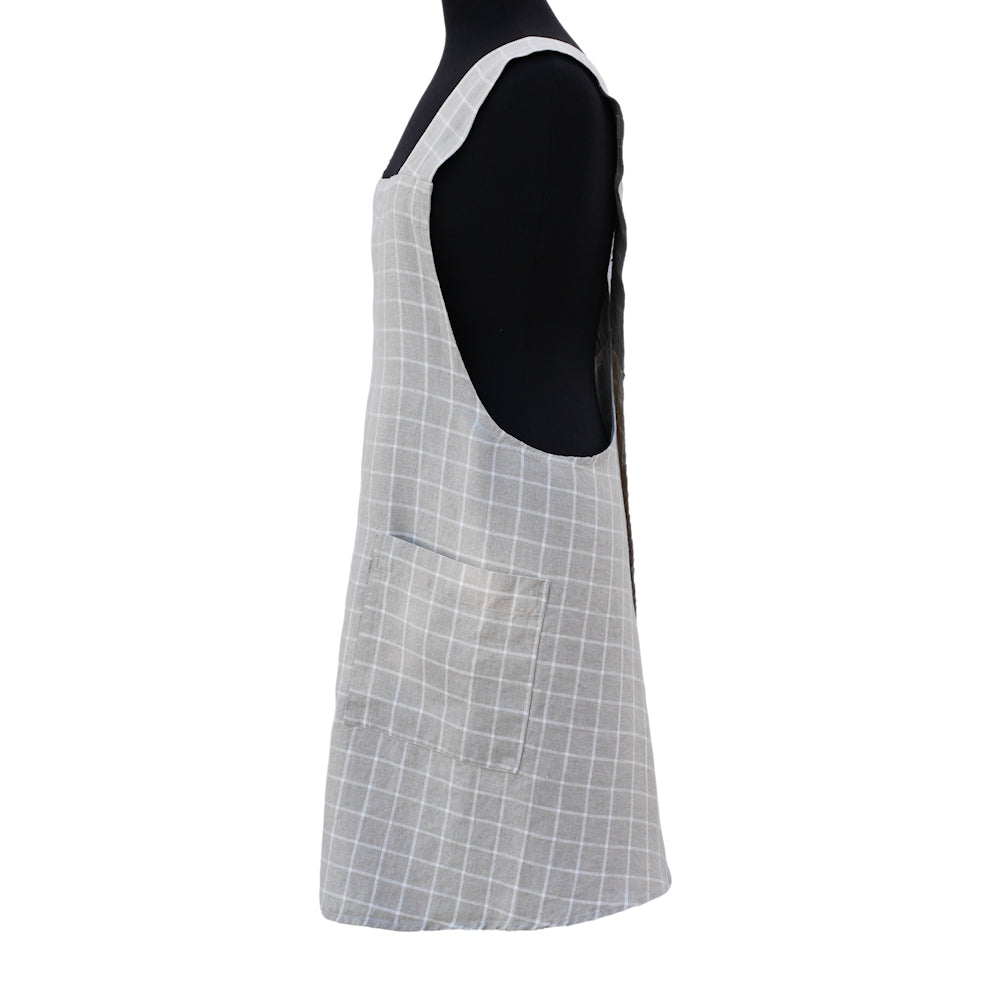 Linen Apron - A-Line - Cross Back - Two Pockets - Natural with White Squares - Japanese-style - Stonewashed - Thick Linen