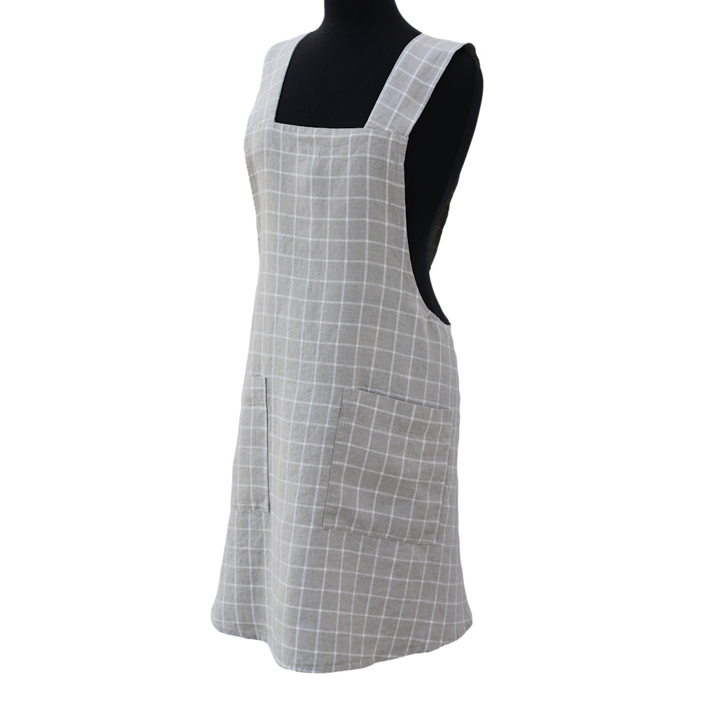 Linen Apron - A-Line - Cross Back - Two Pockets - Natural with White Squares - Japanese-style - Stonewashed - Thick Linen