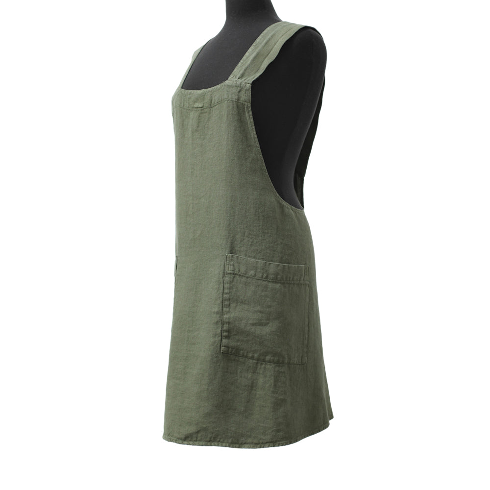 Linen Apron - A-Line - Cross Back - Two Pockets - Olive - Japanese-style - Stonewashed - Thick Linen (Copy)