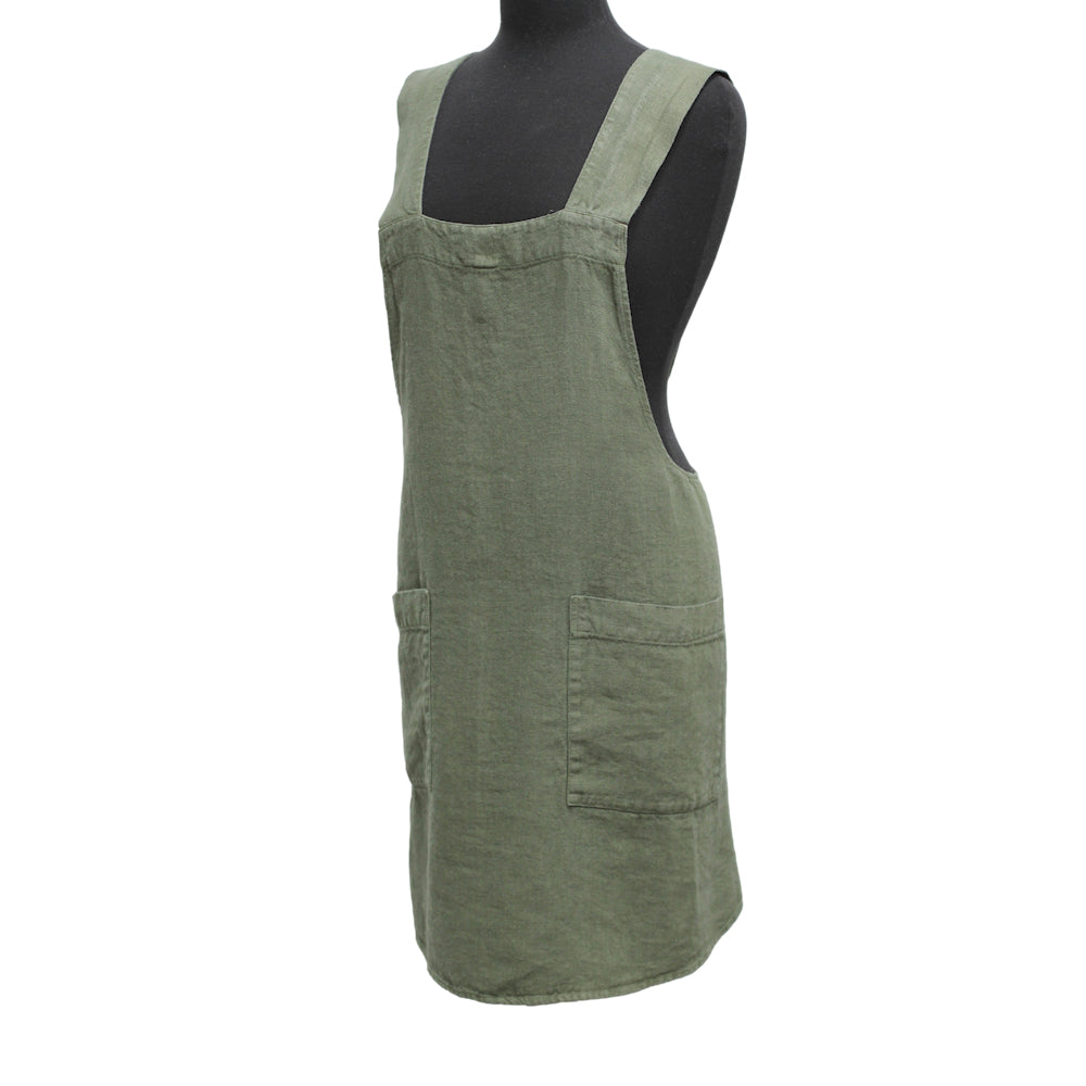 Linen Apron - A-Line - Cross Back - Two Pockets - Olive - Japanese-style - Stonewashed - Thick Linen (Copy)