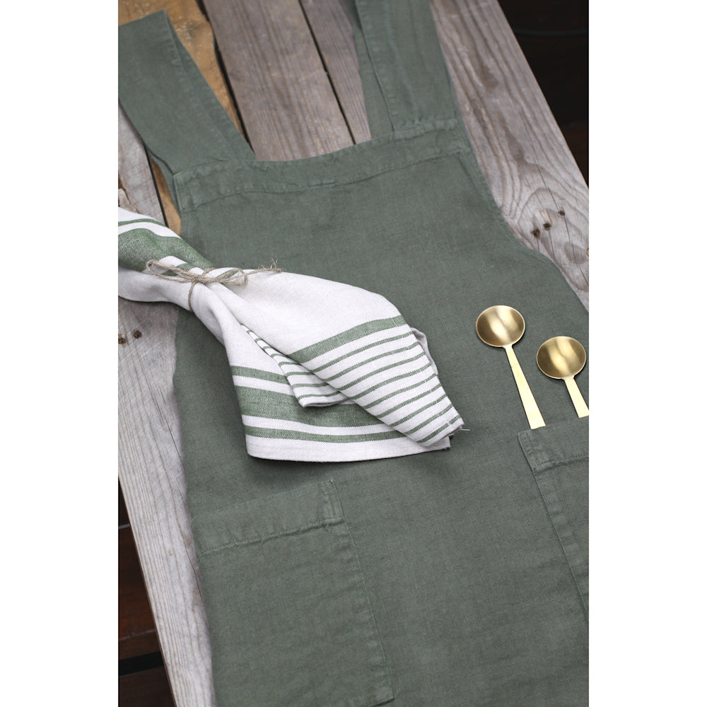 Linen Apron - A-Line - Cross Back - Two Pockets - Olive - Japanese-style - Stonewashed - Thick Linen (Copy)