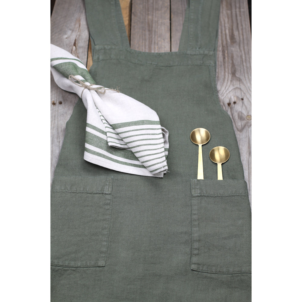 Linen Apron - A-Line - Cross Back - Two Pockets - Olive - Japanese-style - Stonewashed - Thick Linen (Copy)