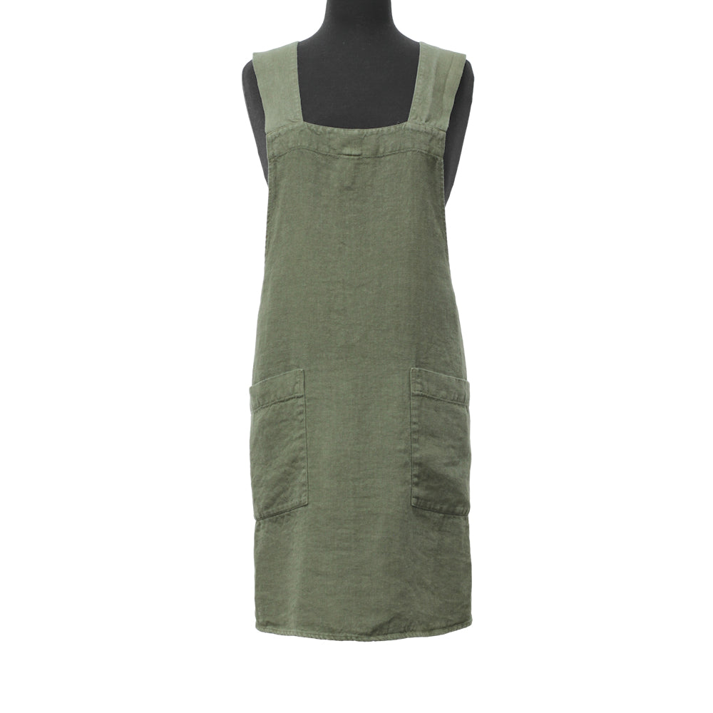 Linen Apron - A-Line - Cross Back - Two Pockets - Olive - Japanese-style - Stonewashed - Thick Linen (Copy)