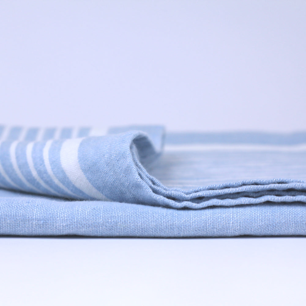 Linen Bath Towel - Stonewashed - Light Blue with White Stripes - Luxury Thick Linen