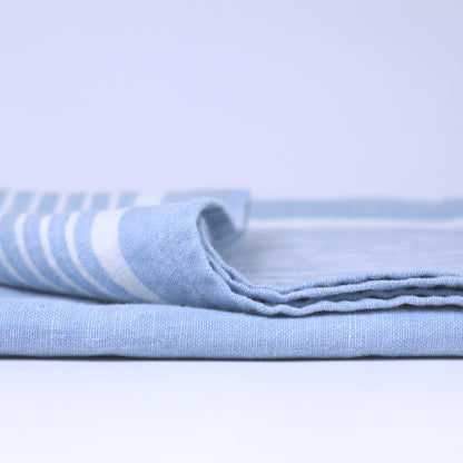 Linen Bath Towel - Stonewashed - Light Blue with White Stripes - Luxury Thick Linen