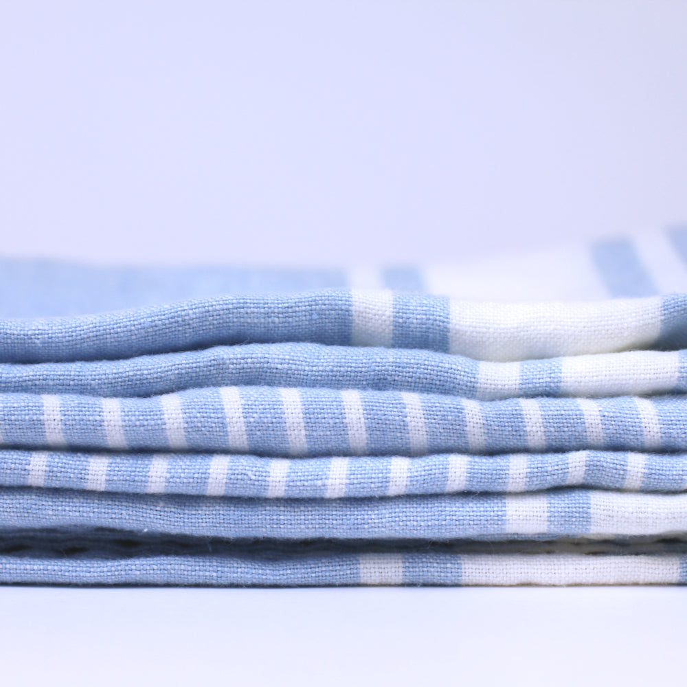 Linen Bath Towel - Stonewashed - Light Blue with White Stripes - Luxury Thick Linen