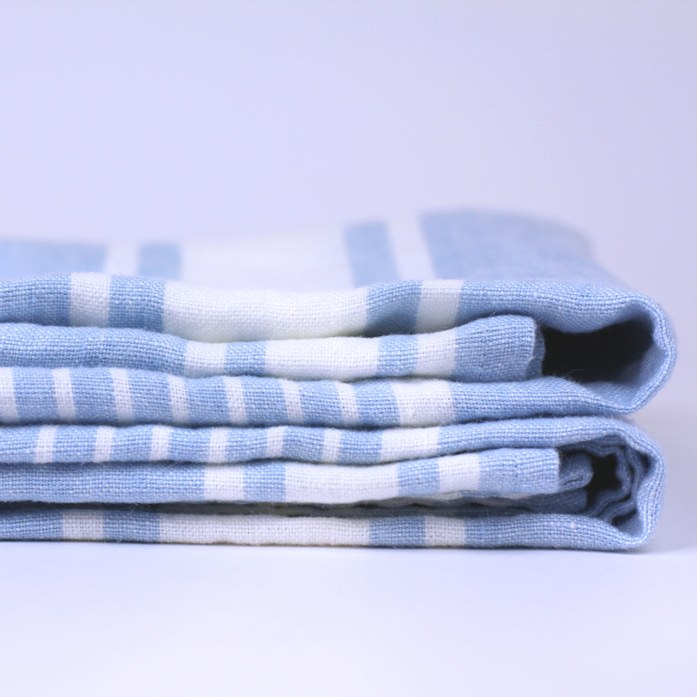 Linen Bath Towel - Stonewashed - Light Blue with White Stripes - Luxury Thick Linen