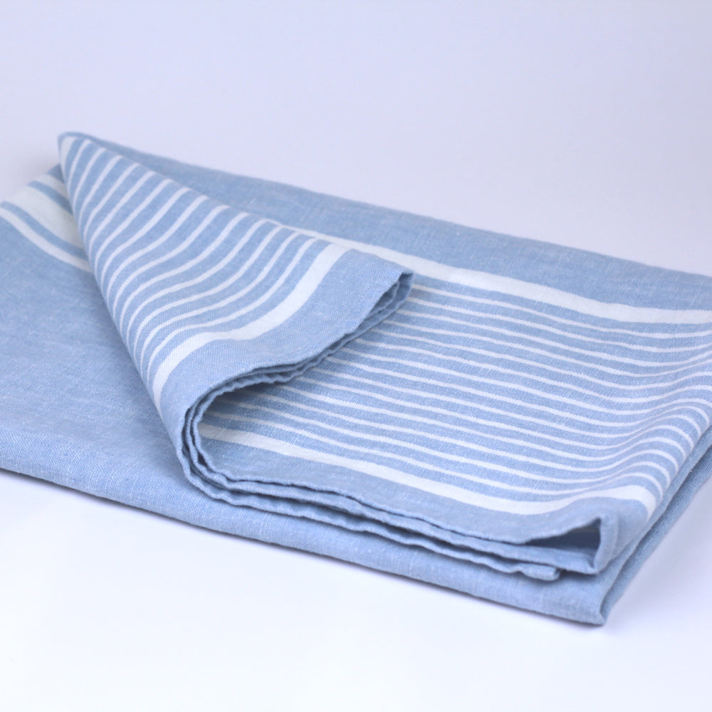 Linen Bath Towel - Stonewashed - Light Blue with White Stripes - Luxury Thick Linen