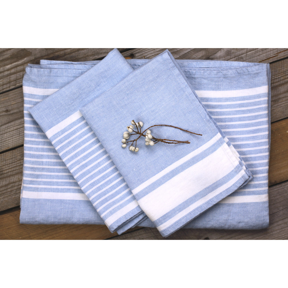 Linen Bath Towel - Stonewashed - Light Blue with White Stripes - Luxury Thick Linen