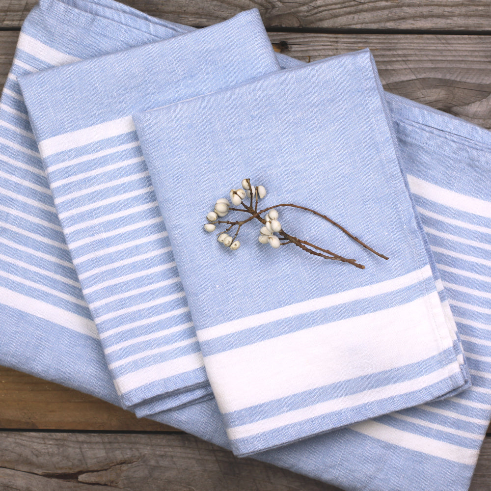 Linen Bath Towel - Stonewashed - Light Blue with White Stripes - Luxury Thick Linen