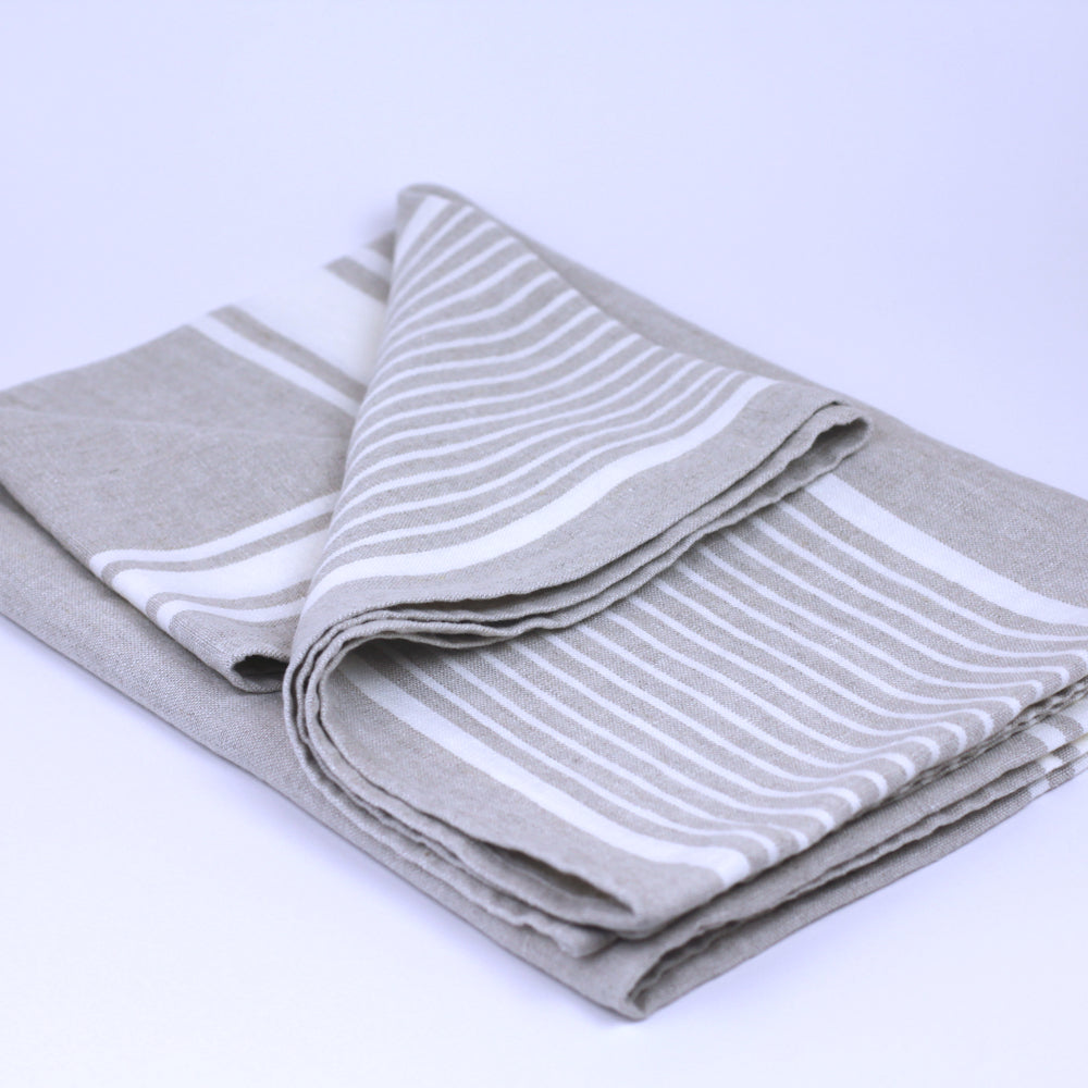 Linen Bath Towel - Stonewashed - Light Natural with White Stripes - Luxury Thick Linen