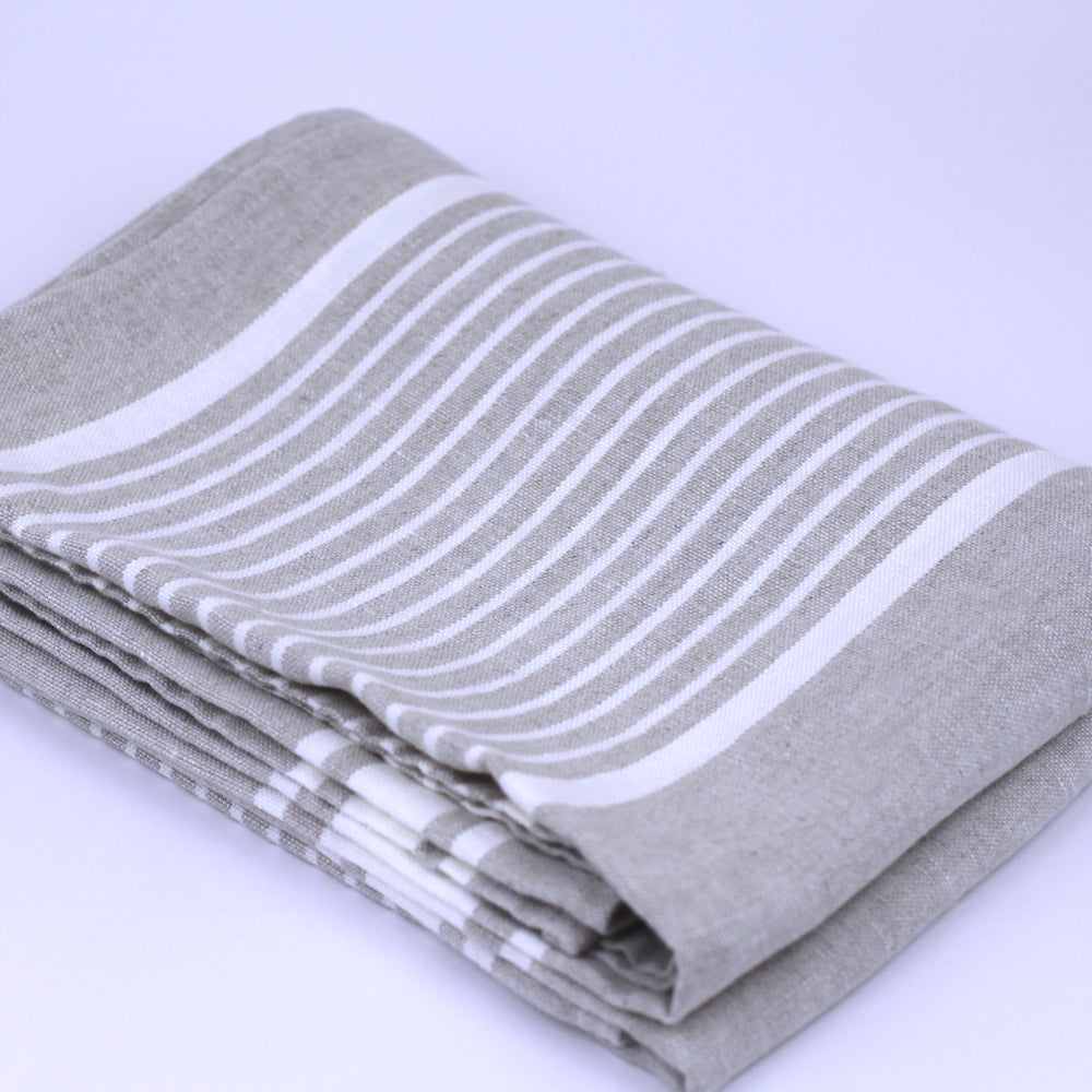 Linen Bath Towel - Stonewashed - Light Natural with White Stripes - Luxury Thick Linen