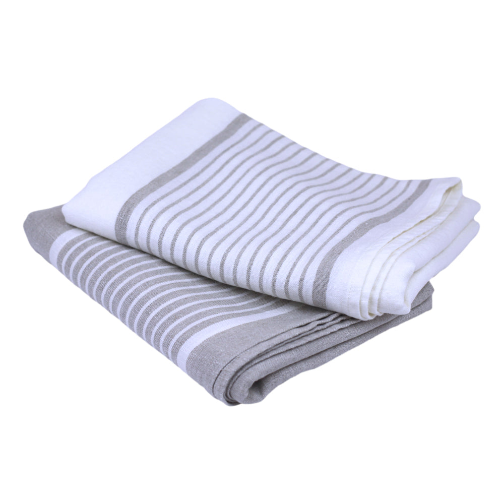 Linen Bath Towel - Stonewashed - Light Natural with White Stripes - Luxury Thick Linen