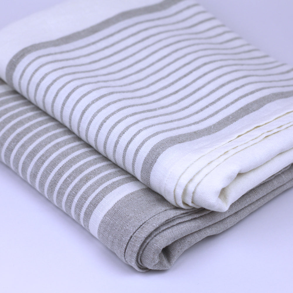 Linen Bath Towel - Stonewashed - Light Natural with White Stripes - Luxury Thick Linen
