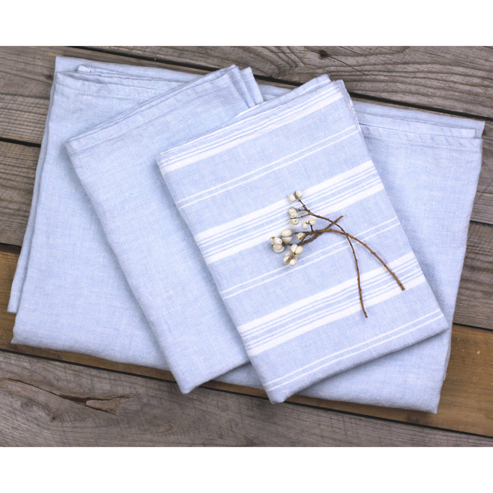 Linen Hand Towel - Stonewashed - Sky Blue with White Stripes 3 - Luxury Thick Linen